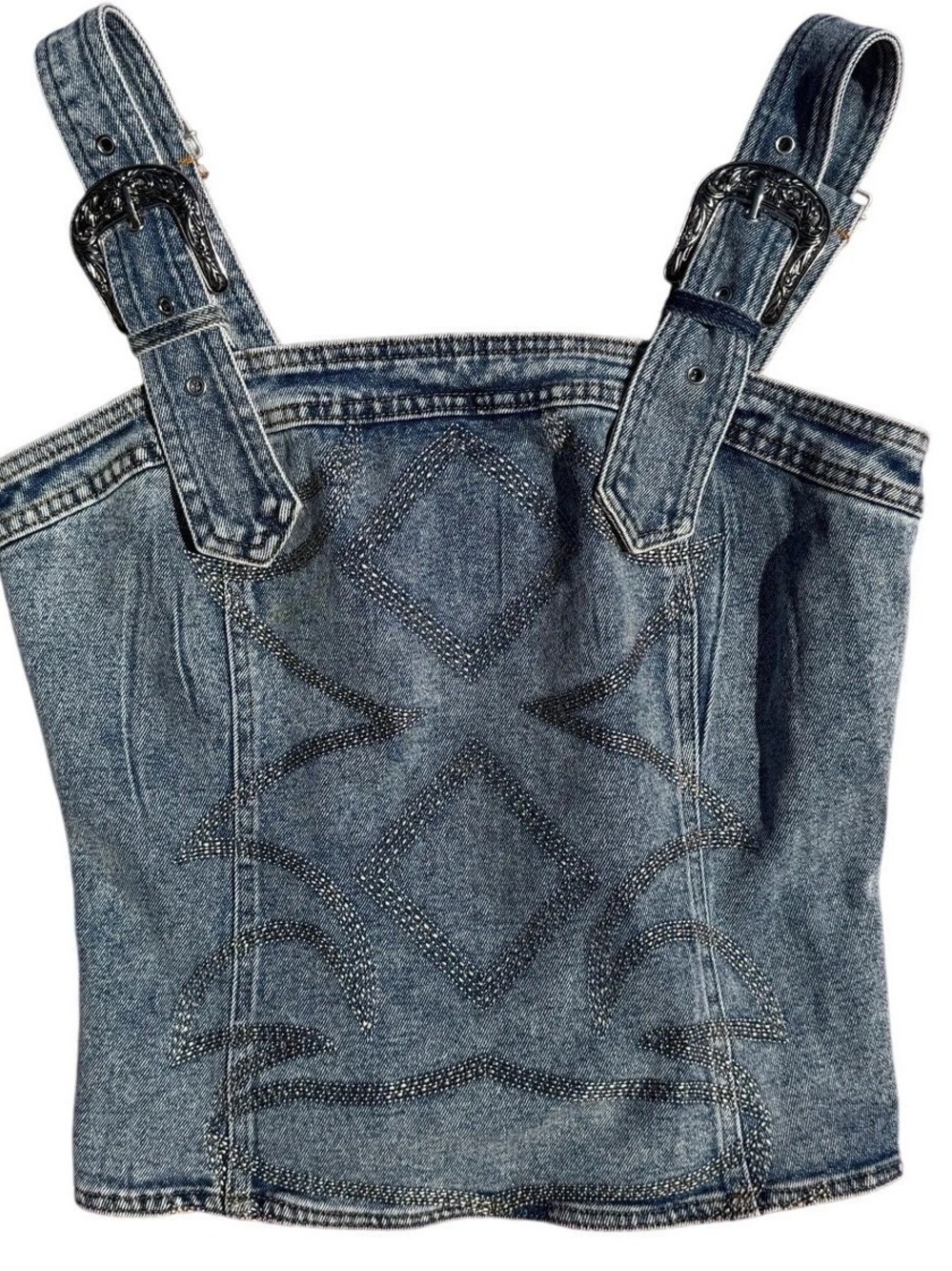 Denim Strap Stampede Buckle Detail Women’s Jeans Bustier Top - Blue